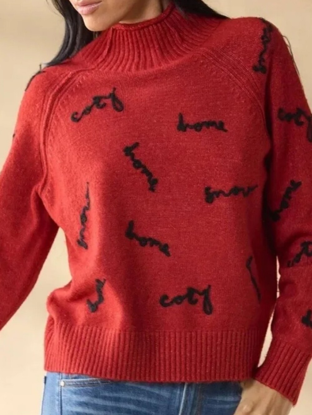 Sundance Cozy Relaxed Red Hi-Neck Contrast Black Embroidery Sweater, Lg, NWT